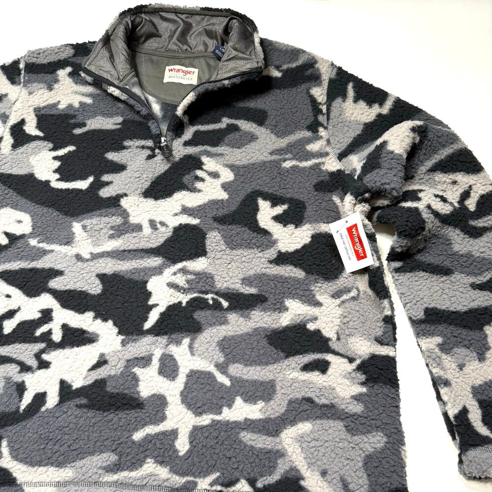 Wrangler Camo Fleece Jacket L Large 1/4 Quarter Zip Pullover Sherpa Black Gray